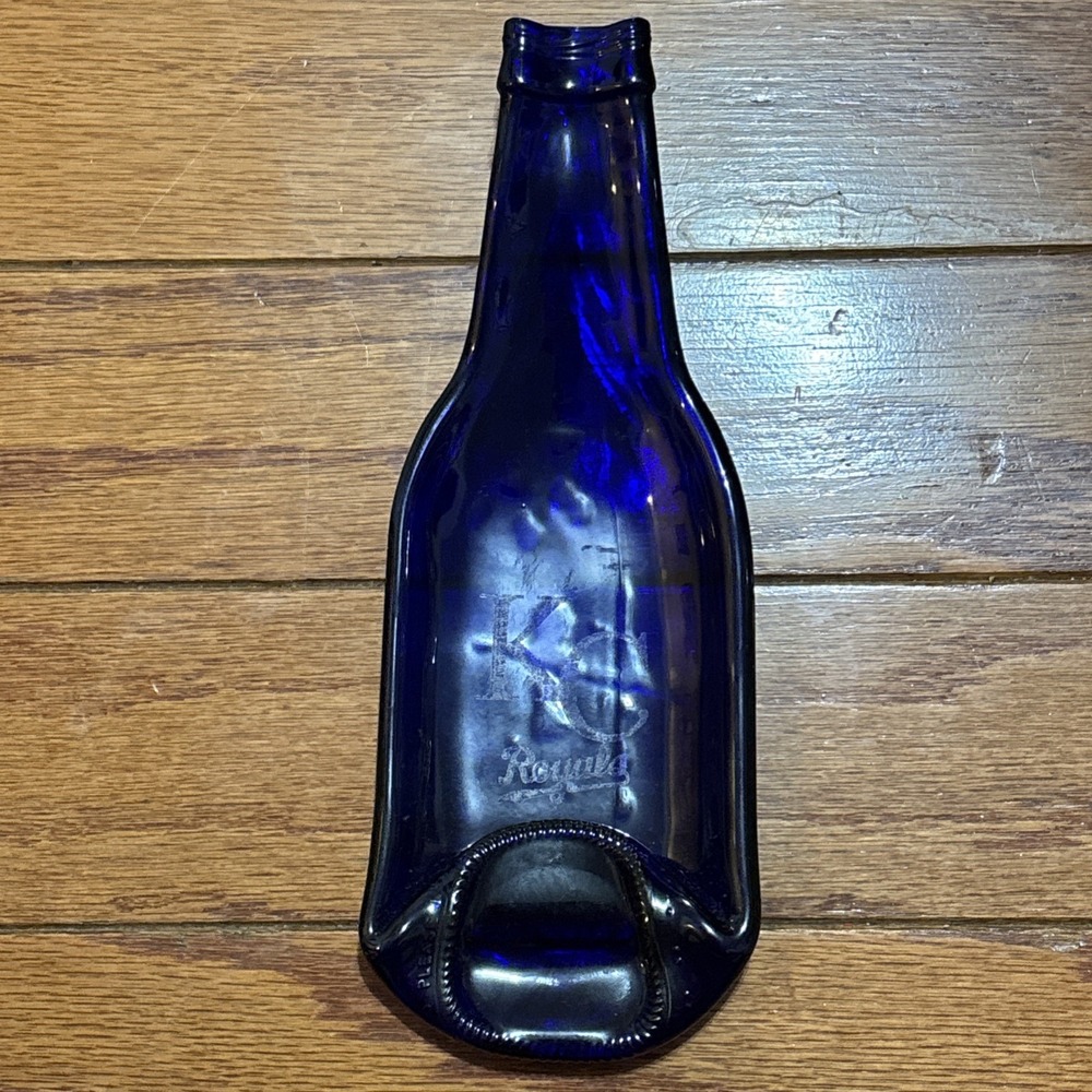 Cobalt Blue Melted Glass Beer Bottle Spoon Rest Kitchen Holder KC Royals 9" X 3"